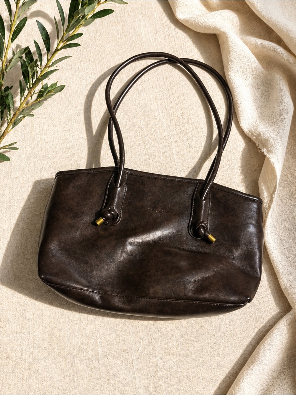 Elegant Dark Brown Leather Shoulder Bag with Brass Accents